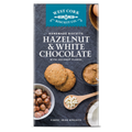 Box of West Cork Biscuit Co. hazelnut and white chocolate biscuits on a white background