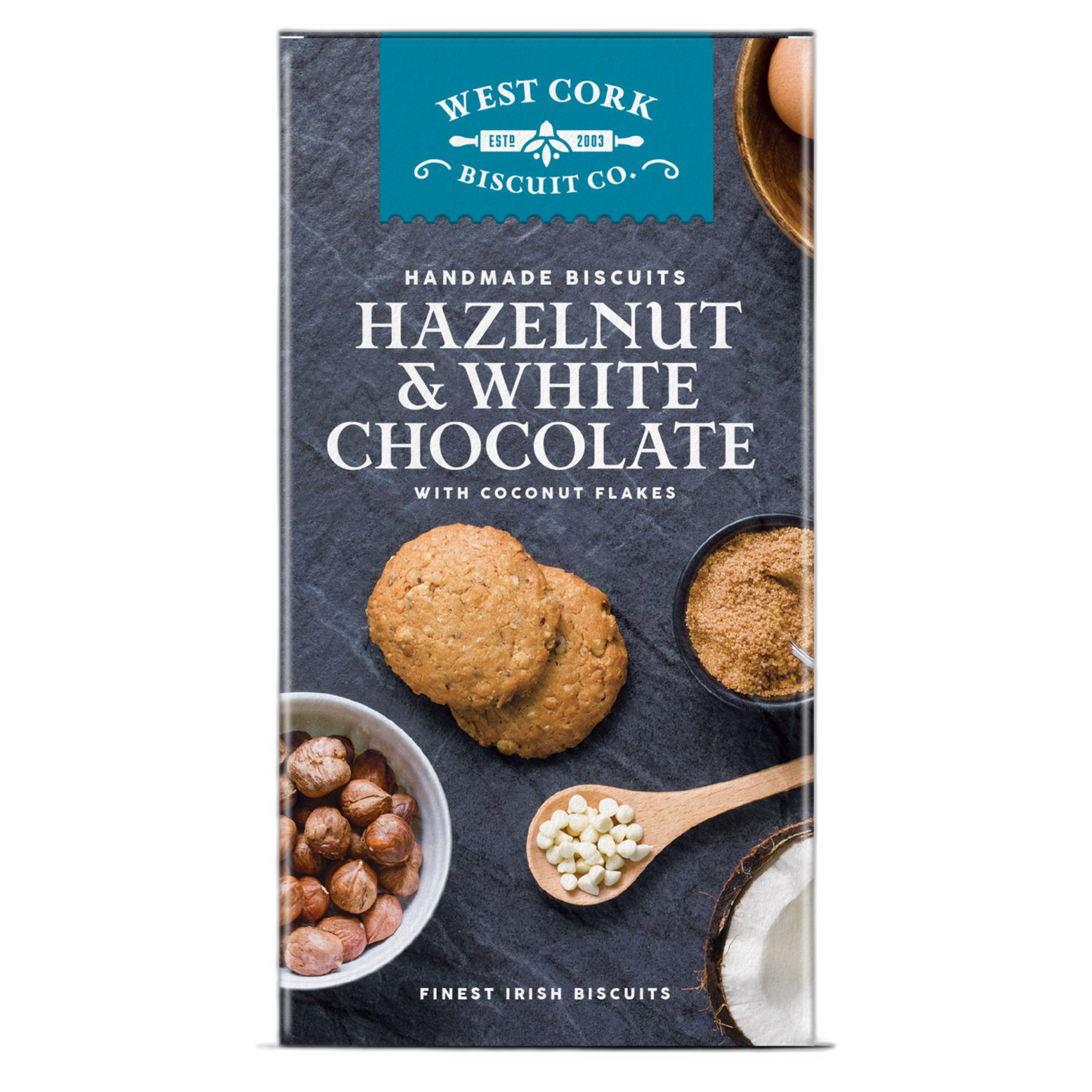 Box of West Cork Biscuit Co. hazelnut and white chocolate biscuits on a white background