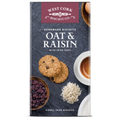 Box of West Cork Biscuit Co. Oat & Raisin biscuits with images of cookies, oats, and raisins on a dark background.