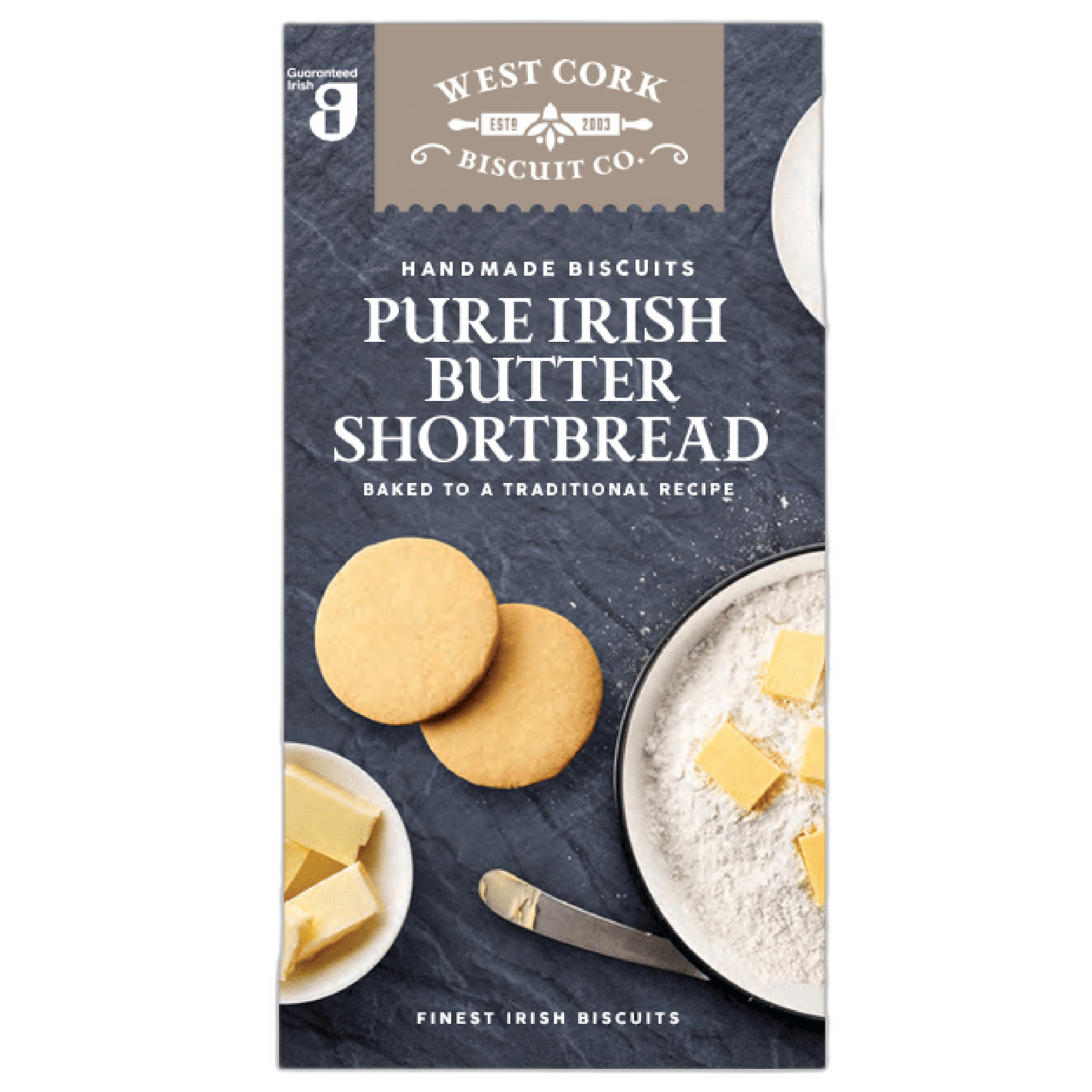 Packaging of West Cork Biscuit Co. Pure Irish Butter Shortbread with images of cookies and butter.