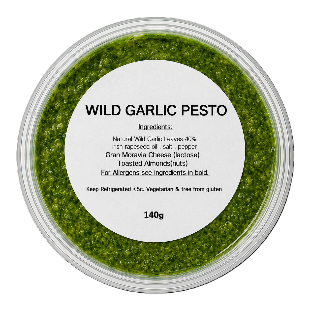 Container of wild garlic pesto with a label on a white background