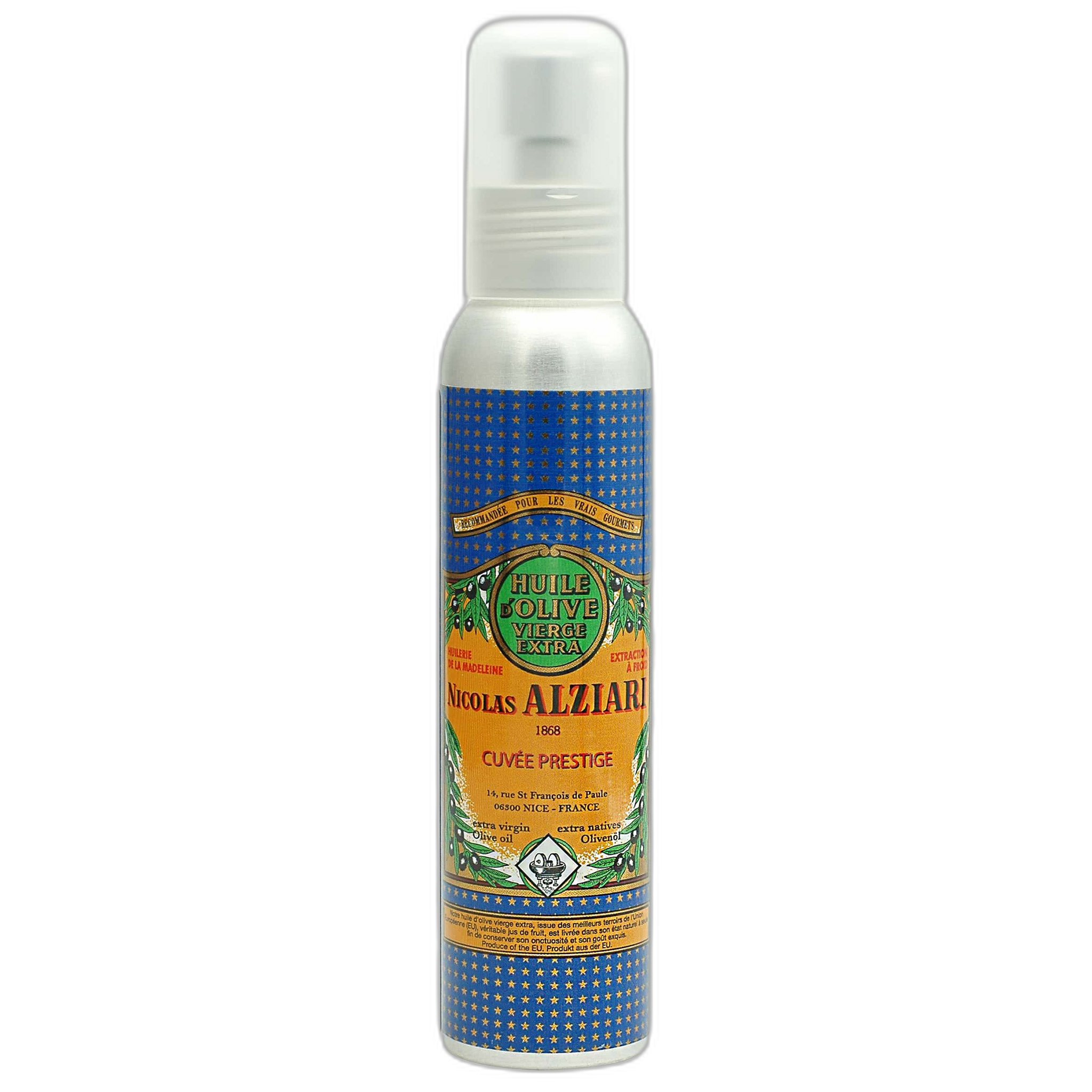 Bottle of Nicolas Alziari olive oil mist on a white background
