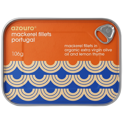 Tin of Azouro mackerel fillets in organic extra virgin olive oil and lemon thyme