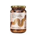 Jar of tree-ripened whole olives with garlic and oregano on a white background