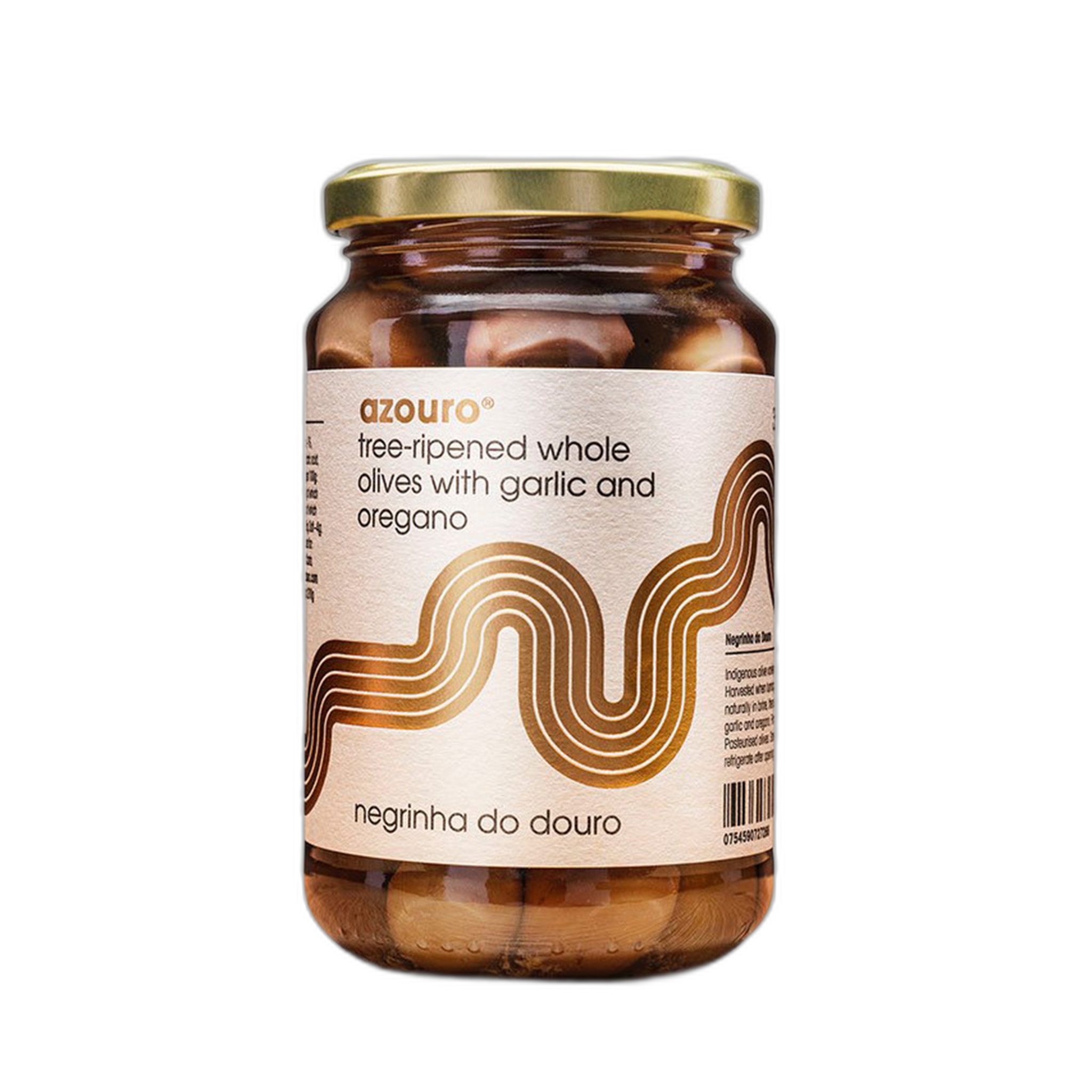 Jar of tree-ripened whole olives with garlic and oregano on a white background