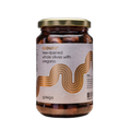 Jar of tree-ripened whole olives with oregano on a white background