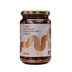 Jar of tree-ripened whole olives with oregano on a white background