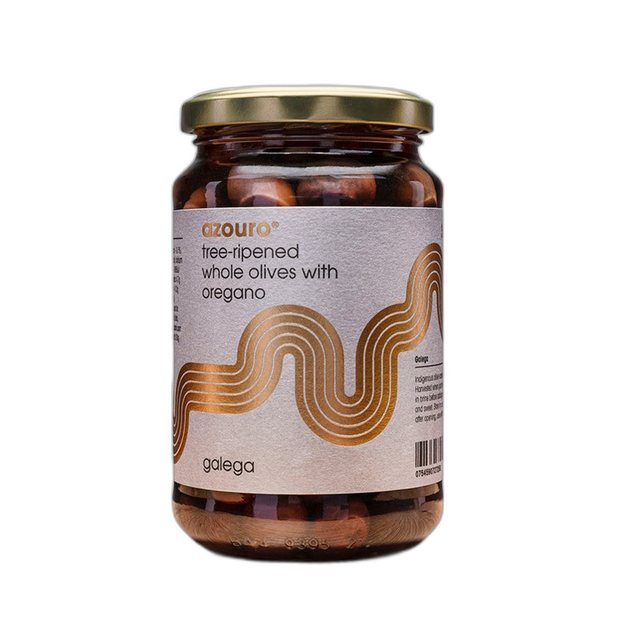 Jar of tree-ripened whole olives with oregano on a white background