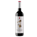 Red wine bottle with a white label featuring branding on a white background