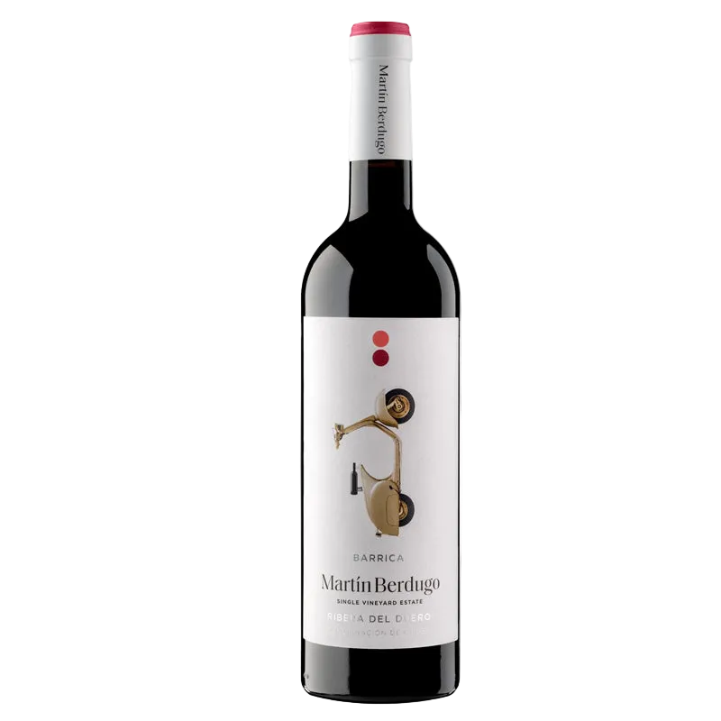 Red wine bottle with a white label featuring branding on a white background
