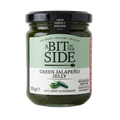 Jar of green jalapeño jelly with 'A Bit on the Side' label on a white background