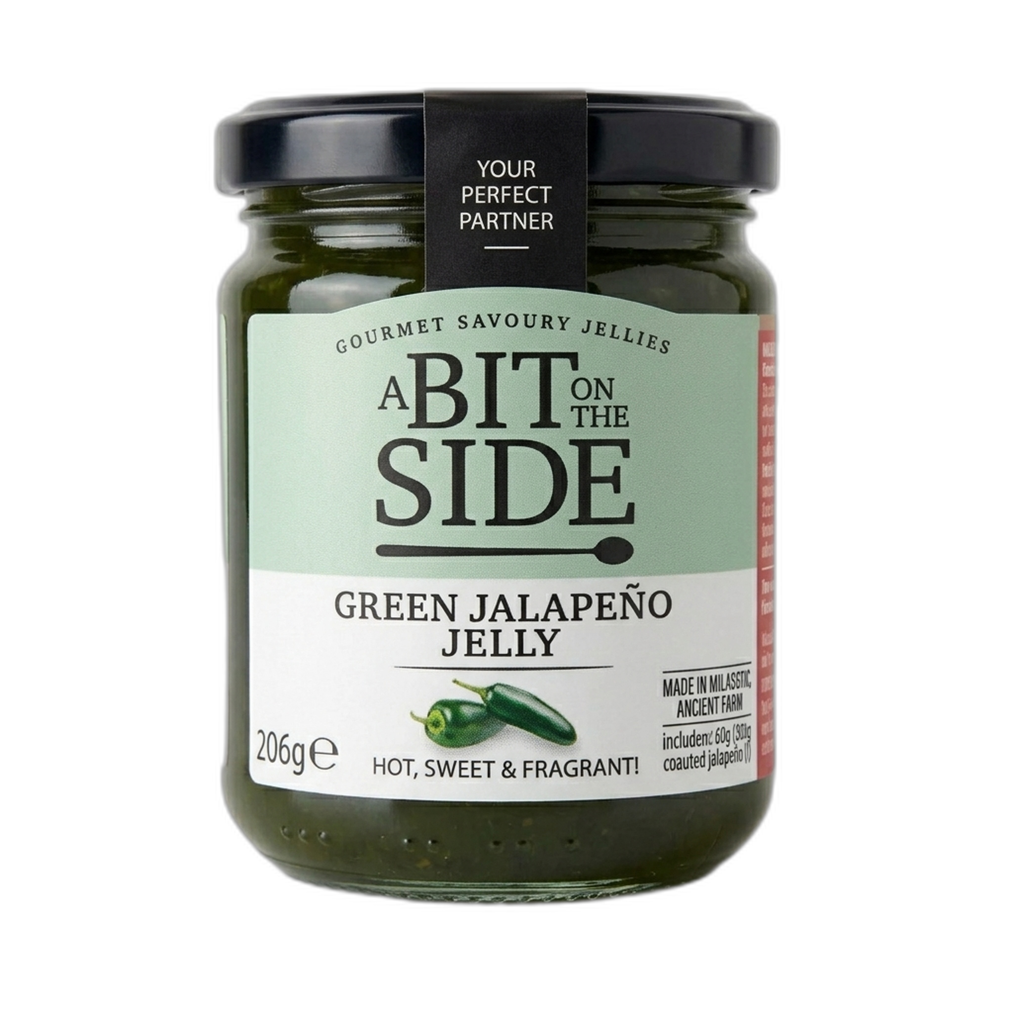 Jar of green jalapeño jelly with 'A Bit on the Side' label on a white background