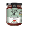 Jar of Red Jalapeño Jelly with 'A Bit on the Side' label on a white background