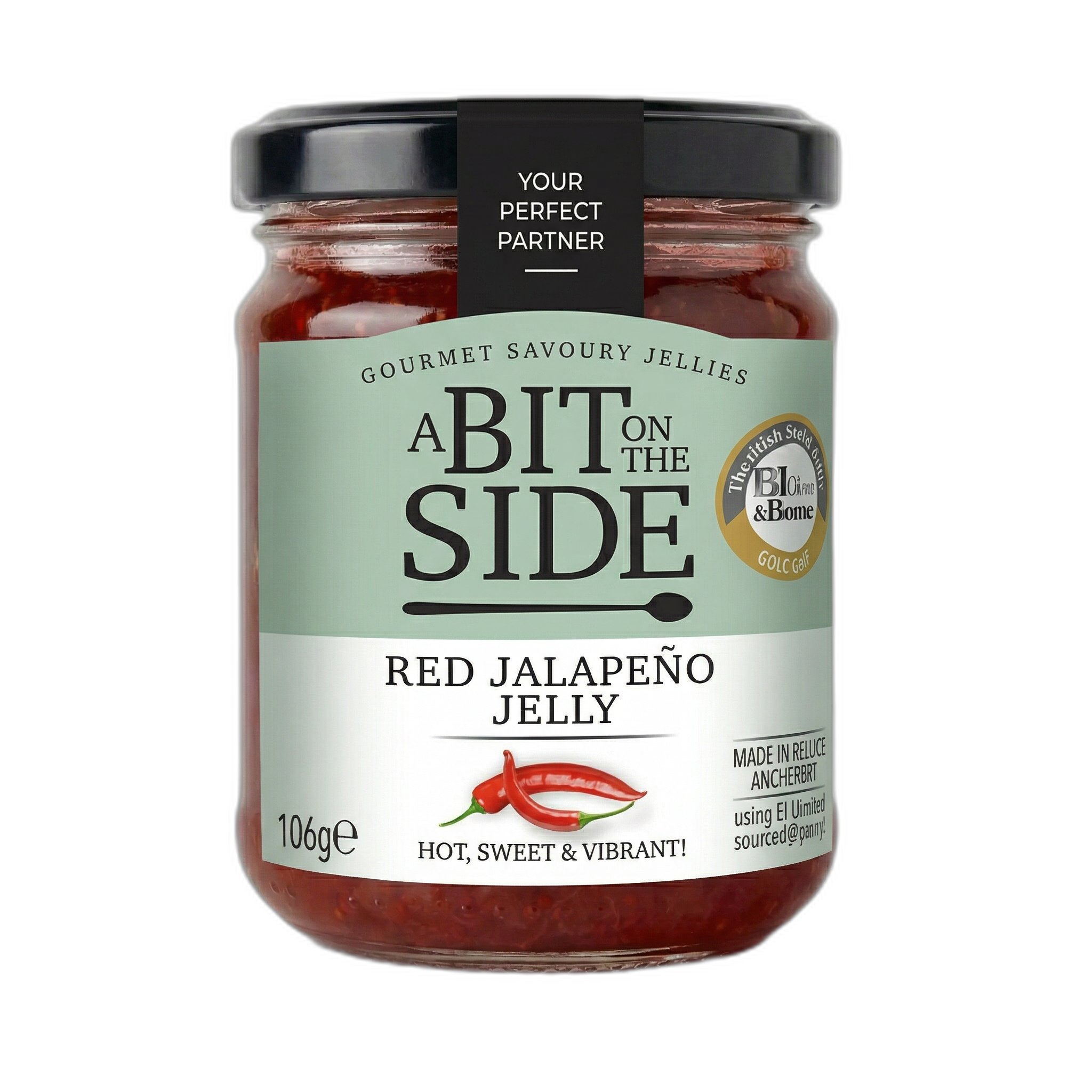 Jar of Red Jalapeño Jelly with 'A Bit on the Side' label on a white background