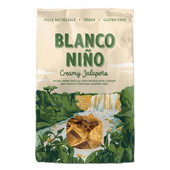 Package of Blanco Nino Creamy Jalapeno tortilla chips with nature-themed design