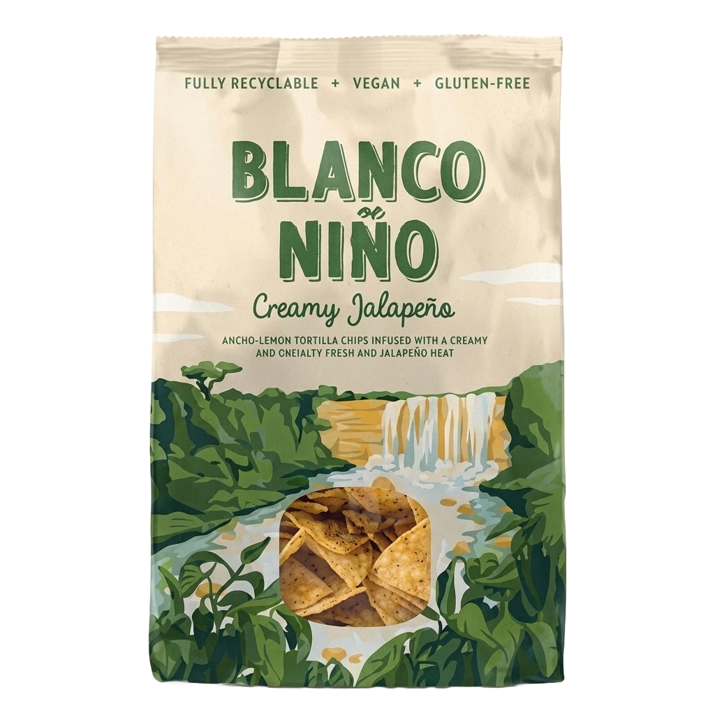 Package of Blanco Nino Creamy Jalapeno tortilla chips with nature-themed design