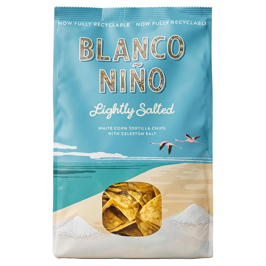 Package of Blanco Niño tortilla chips with scenic design on a white background