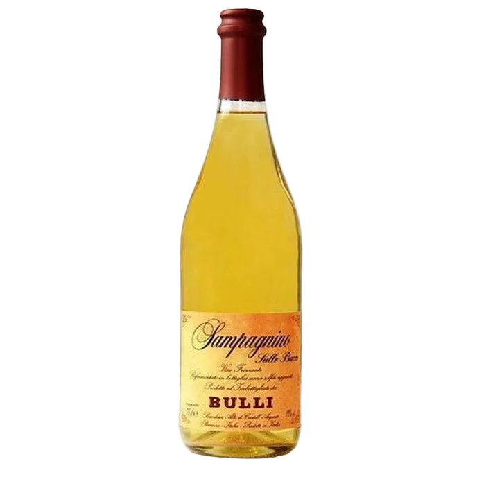 Bottle of Bulli wine with a yellow label on a white background