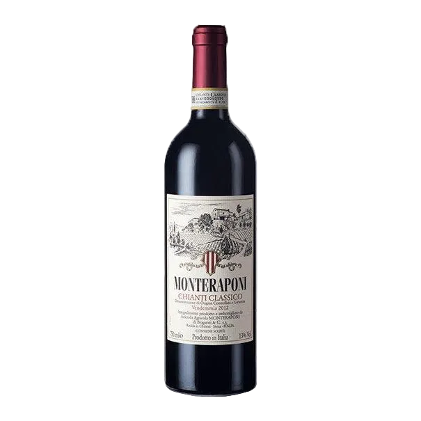 Red wine bottle with a visible label on a white background