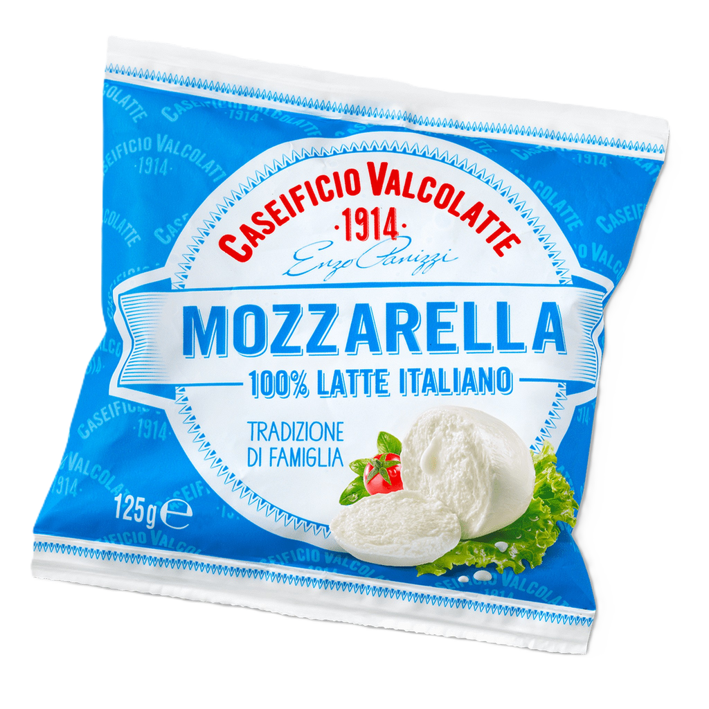 Mozzarella cheese package with 'Caseificio Valcolatte' branding on a white background