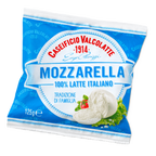 Mozzarella cheese package with 'Caseificio Valcolatte' branding on a white background