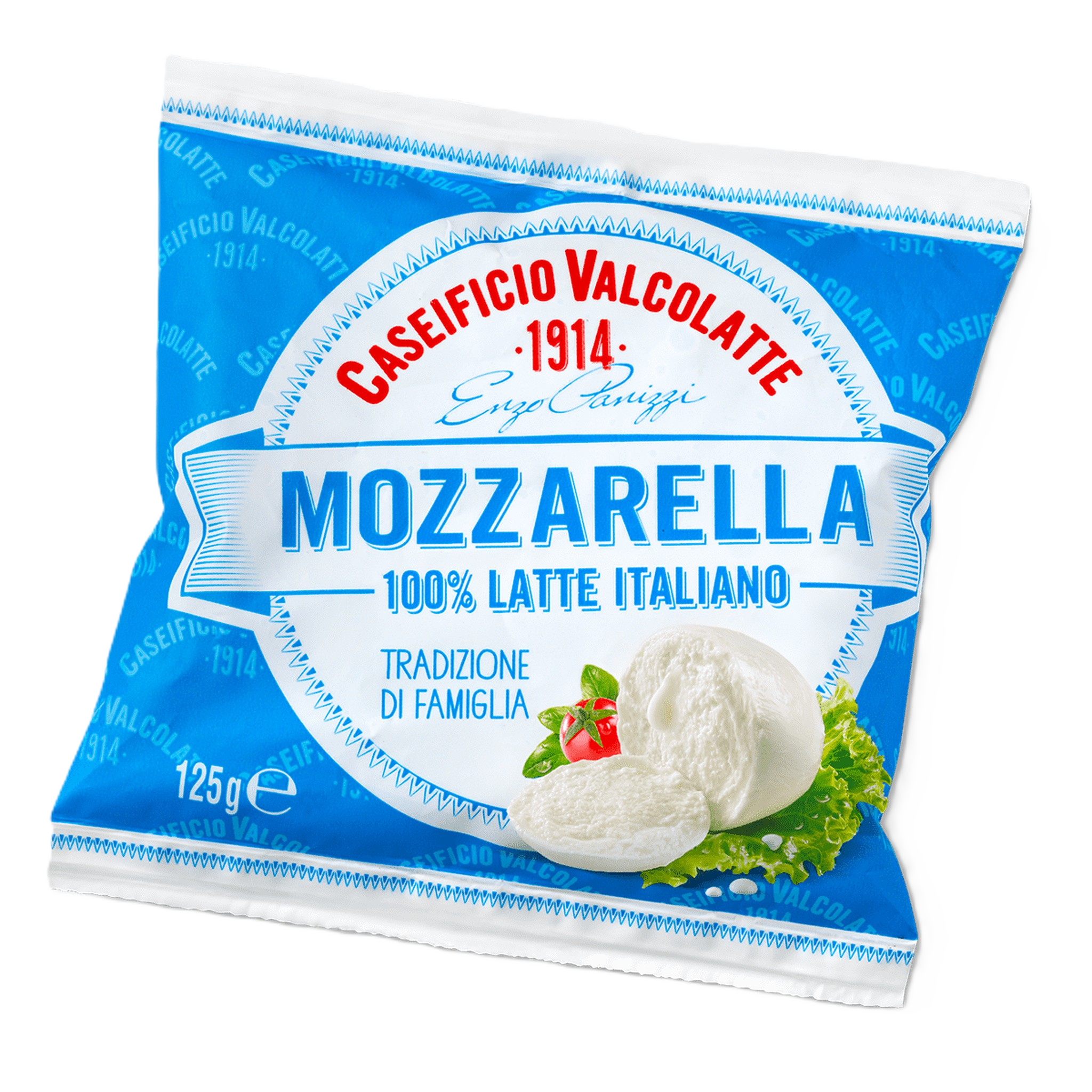 Mozzarella cheese package with 'Caseificio Valcolatte' branding on a white background