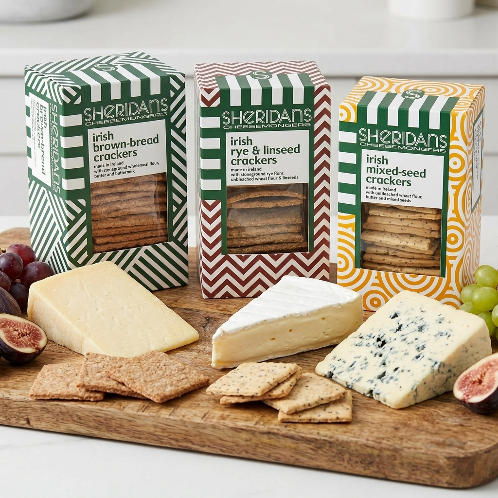 Three boxes of Sheridans crackers on a wooden board with cheese and fruits.