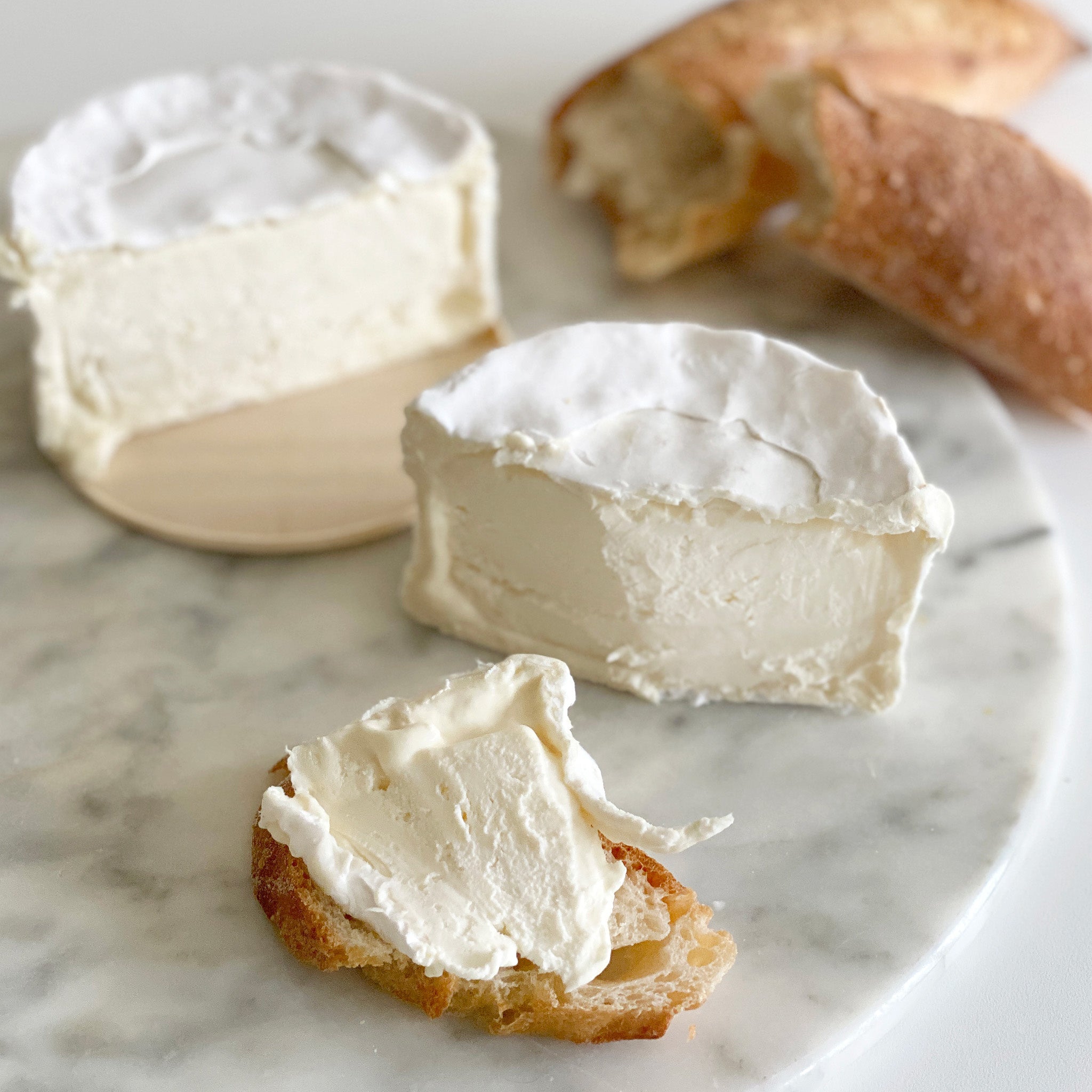 Two pieces of white cheese with a slice of bread spread with cheese on a marble surface.