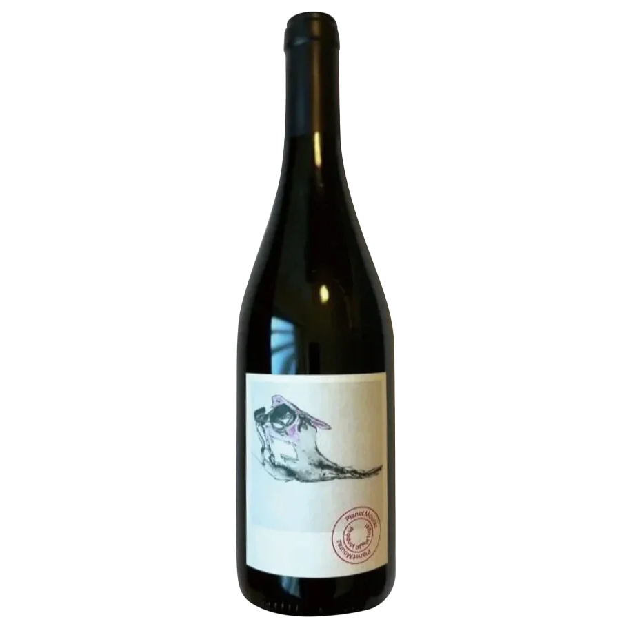 A dark glass wine bottle with a black capsule and a cream-colored label featuring a black ink sketch of a cat wearing sunglasses and a red circular seal.