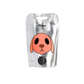 Clear water pouch with a dog face design and 'Djuce' branding on a white background