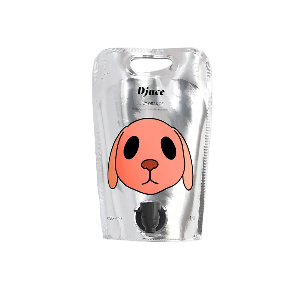 Clear water pouch with a dog face design and 'Djuce' branding on a white background