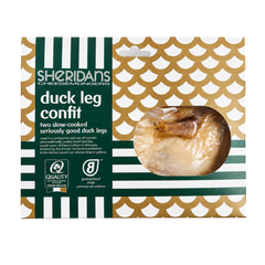 Packaged duck leg confit with Sheridan's branding on a decorative box.