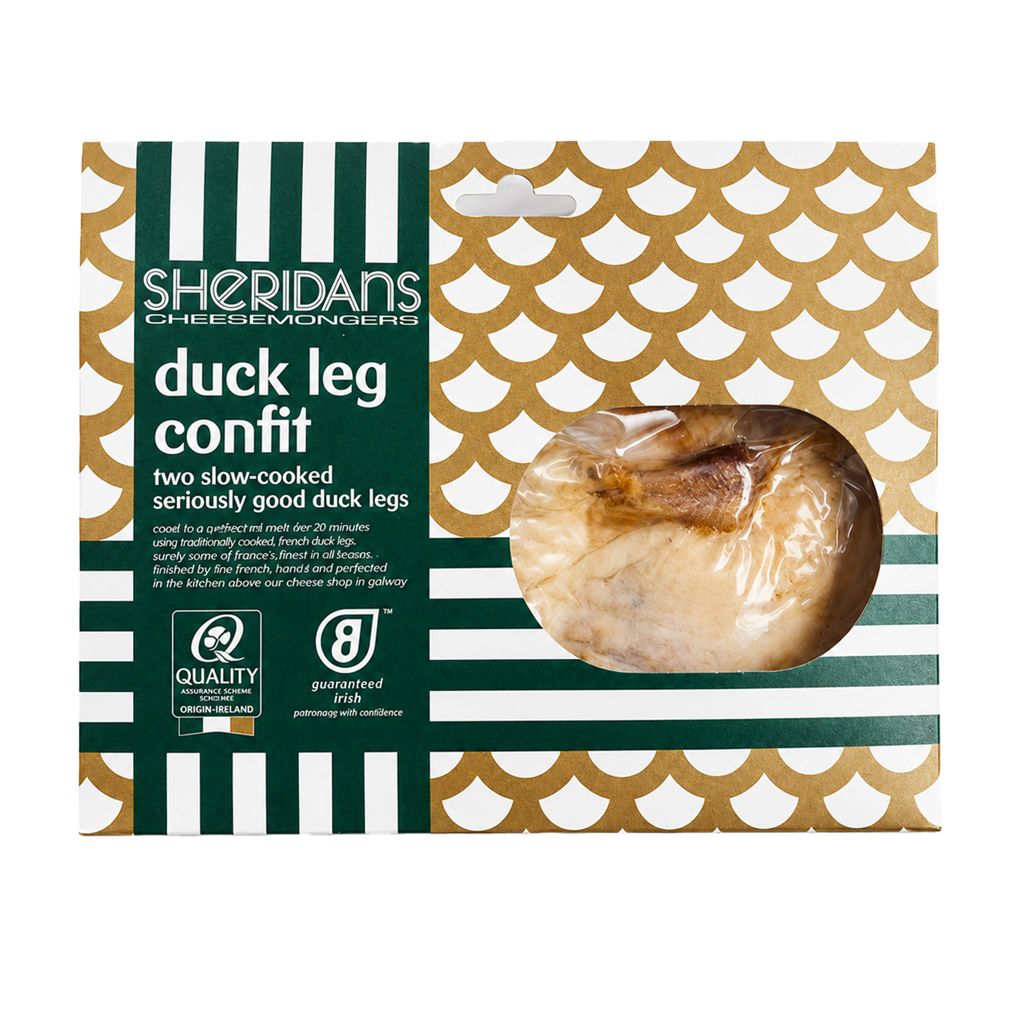 Packaged duck leg confit with Sheridan's branding on a decorative box.