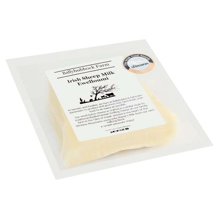 Irish sheep milk eweloomi cheese with Ballyhubbuck Farm label on a white background