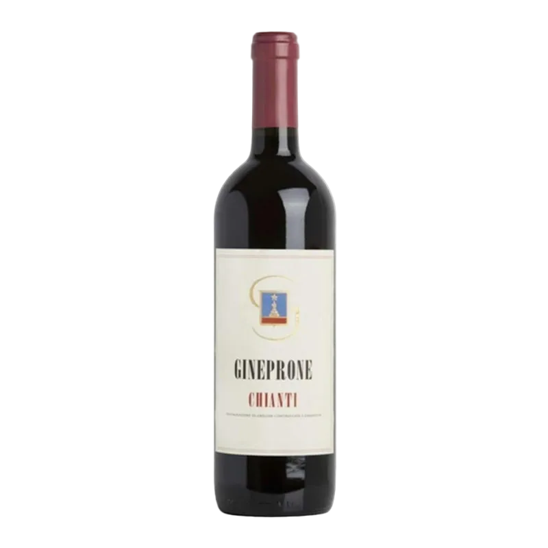 Red wine bottle with 'Gineprone Chianti' label on a white background