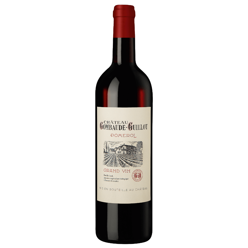 Red wine bottle with a visible label on a white background