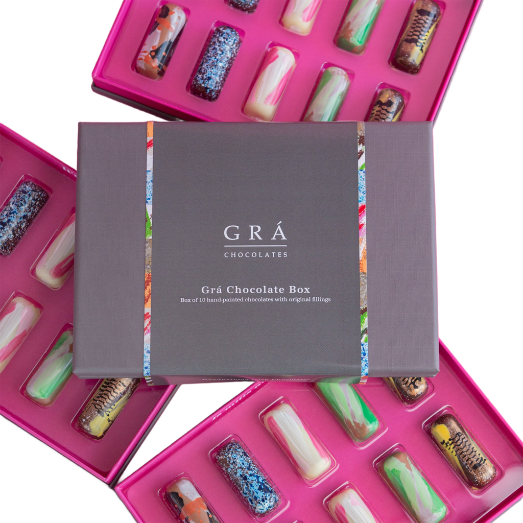 Grá Chocolate Box with colorful chocolate bars on a white background
