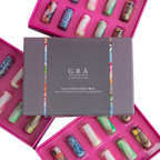 Grá Chocolate Box with colorful chocolate bars on a white background