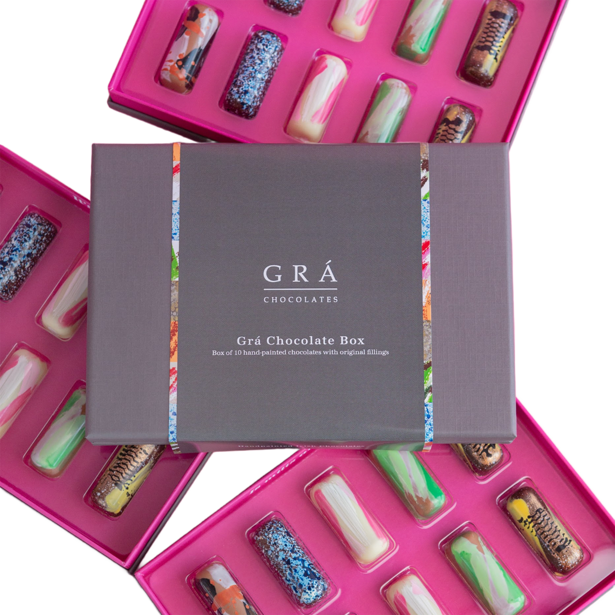 Grá Chocolate Box with colorful chocolate bars on a white background