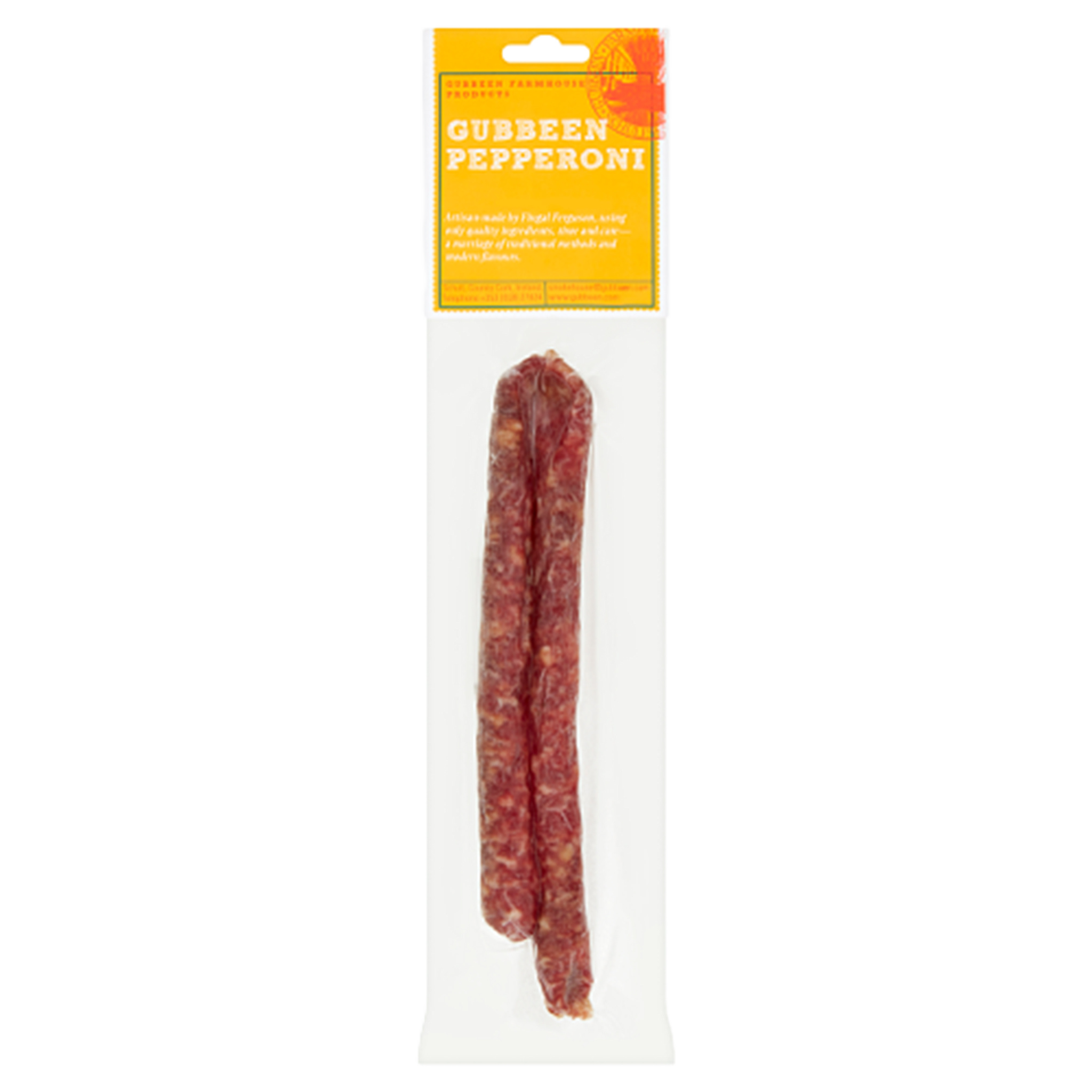 Gubbeen pepperoni in packaging with a yellow label on a white background