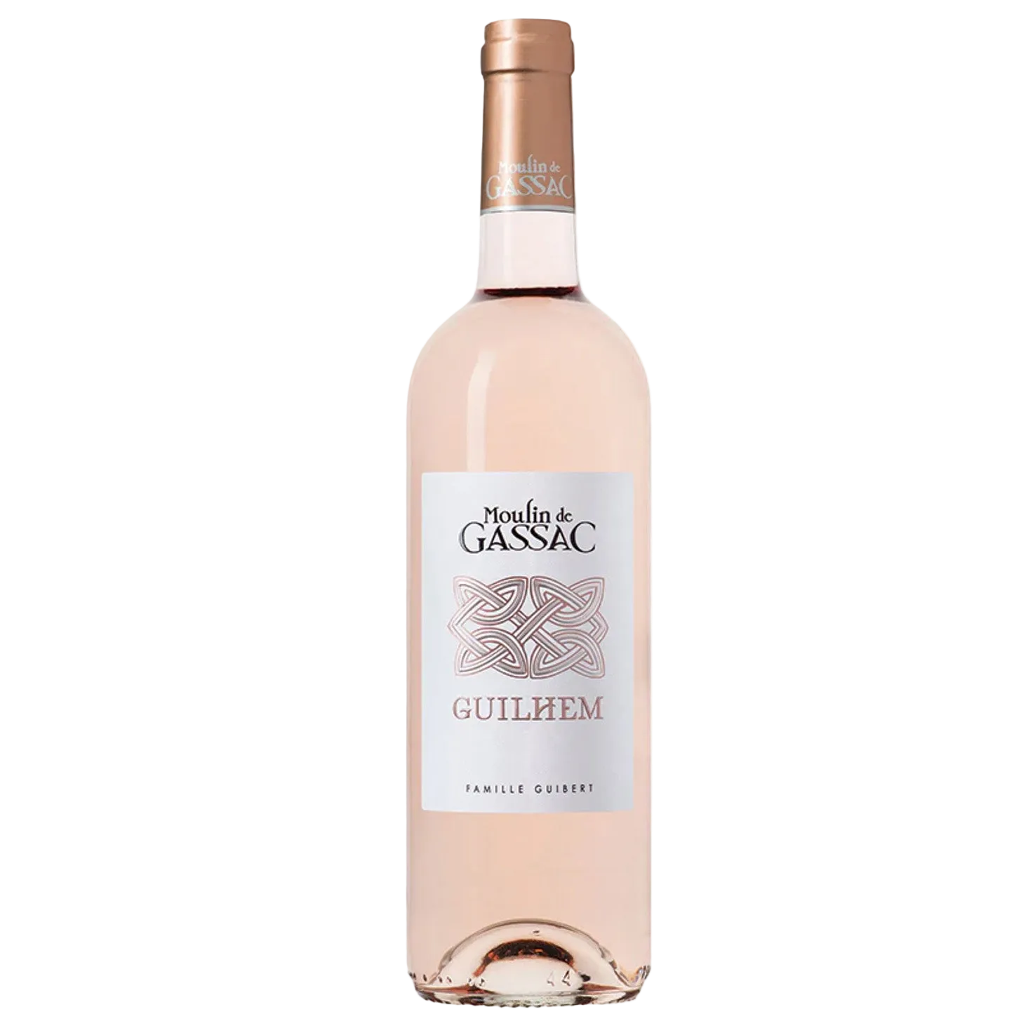Pink wine bottle with 'Moulin de Gassac' label on a white background