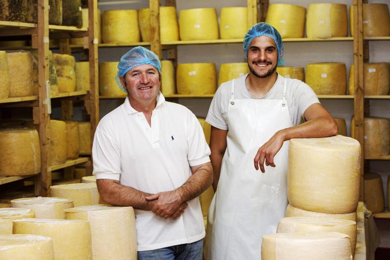 Two men standing in a cheese factory with shelves of cheese behind them.
