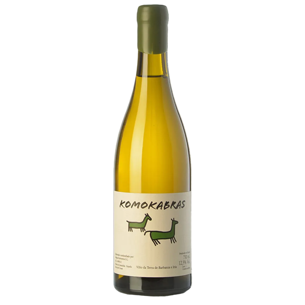 Wine bottle with 'Komokabras' label on a white background