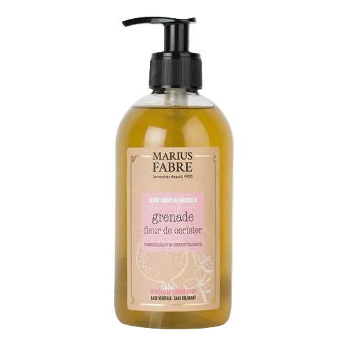 Pump bottle of Marius Fabre Marseille liquid soap in pomegranate and cherry blossom