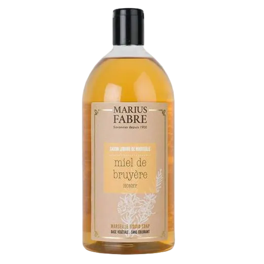 Bottle of Marius Fabre Marseille liquid soap in honey fragrance on a white background