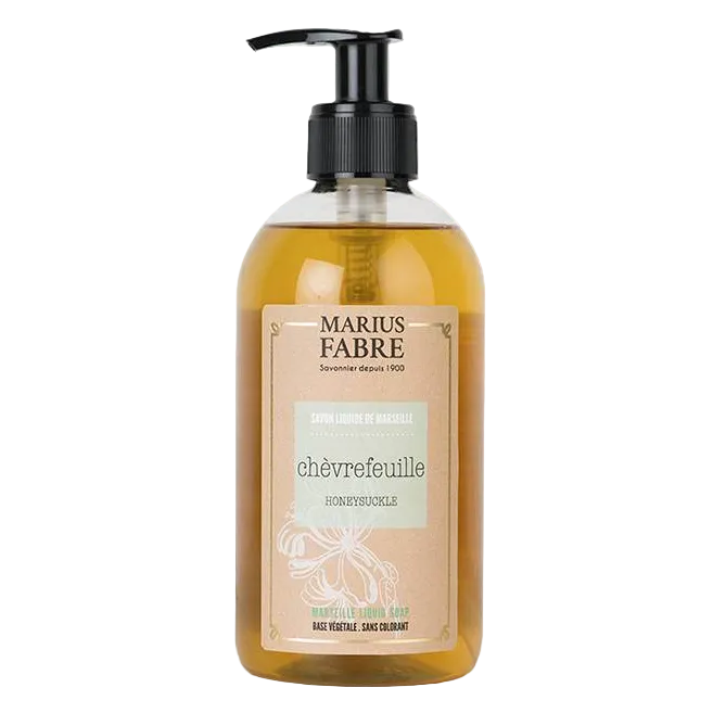 Pump bottle of Marius Fabre Marseille liquid soap in honeysuckle fragrance