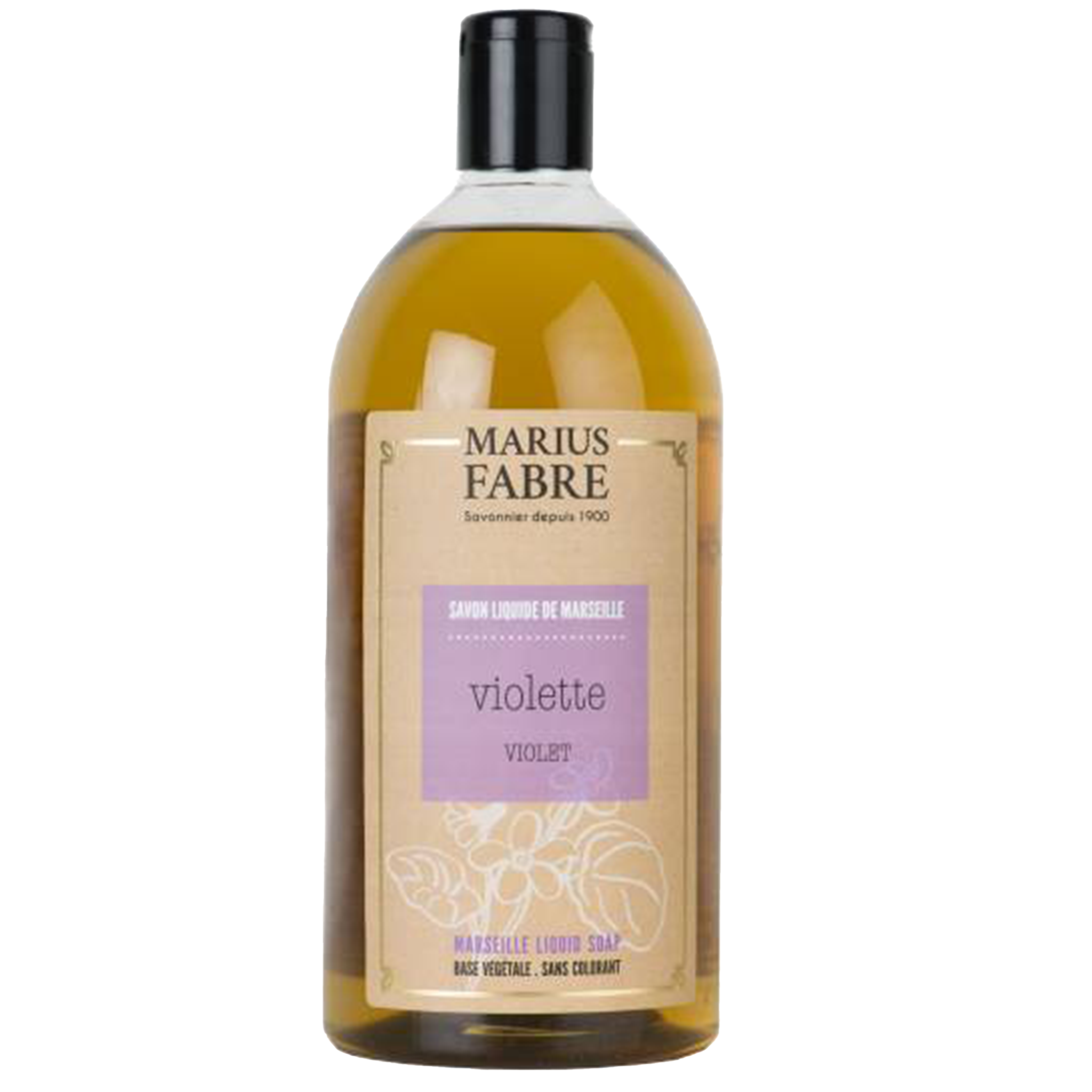 One litre pump bottle of Marius Fabre Marseille liquid soap in violet fragrance