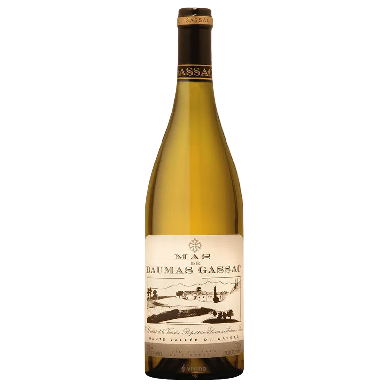 Wine bottle with 'Mas de Daumas Gassac' label on a white background