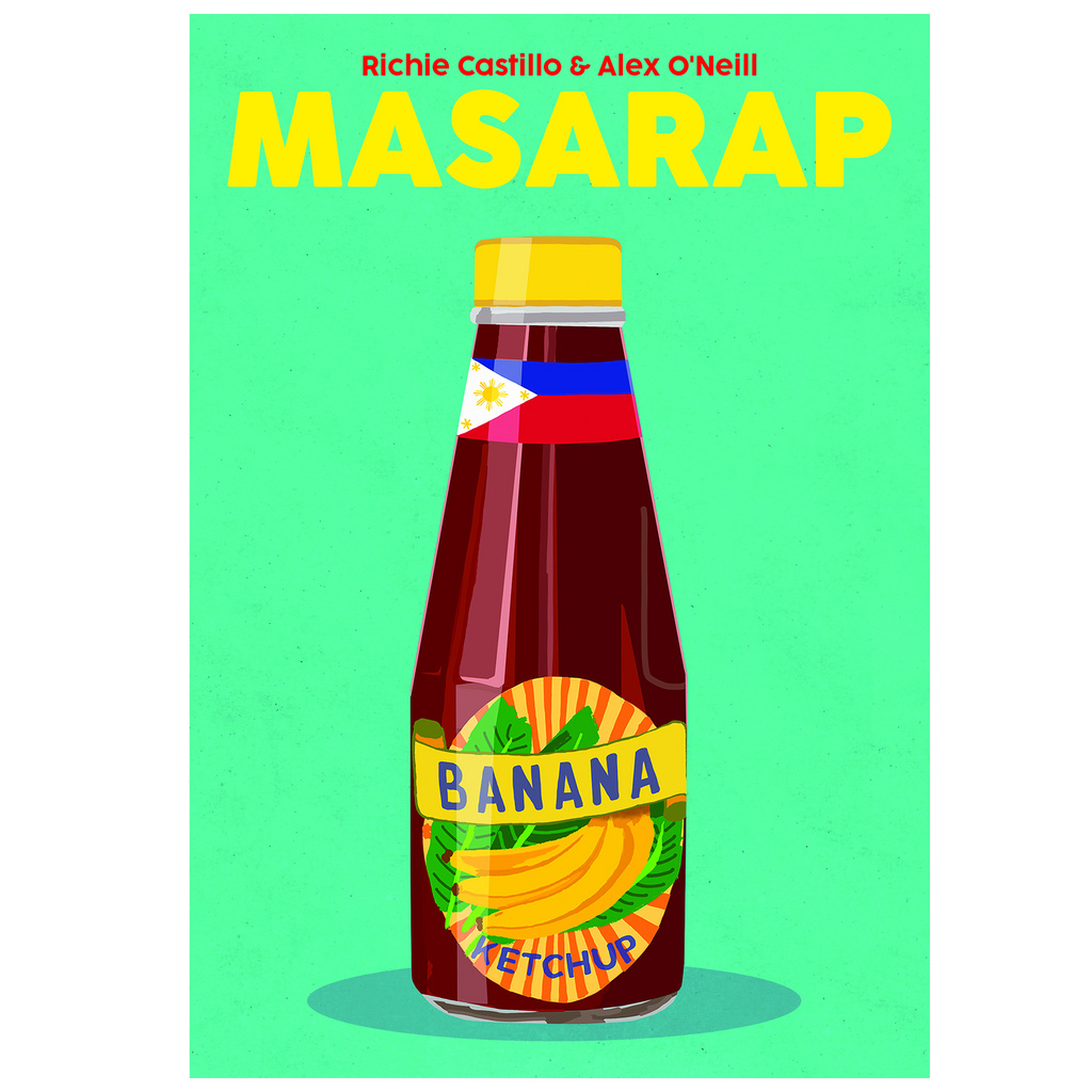 Bottle of banana ketchup with colorful label on a green background, featuring the text 'MASARAP' by Richie Castillo & Alex O'Neill.