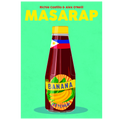 Bottle of banana ketchup with colorful label on a green background, featuring the text 'MASARAP' by Richie Castillo & Alex O'Neill.